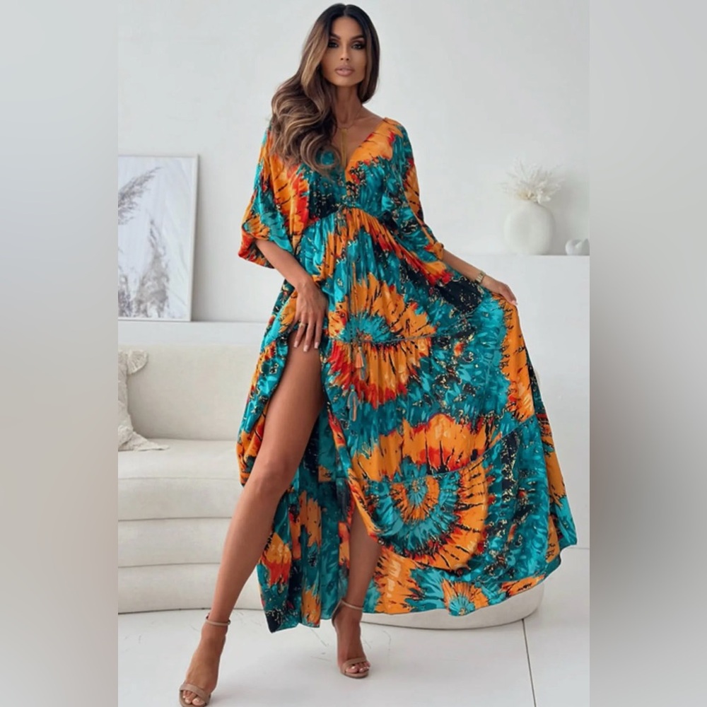 335- Zendaya Patterned Batwing Maxi Dress-Orange